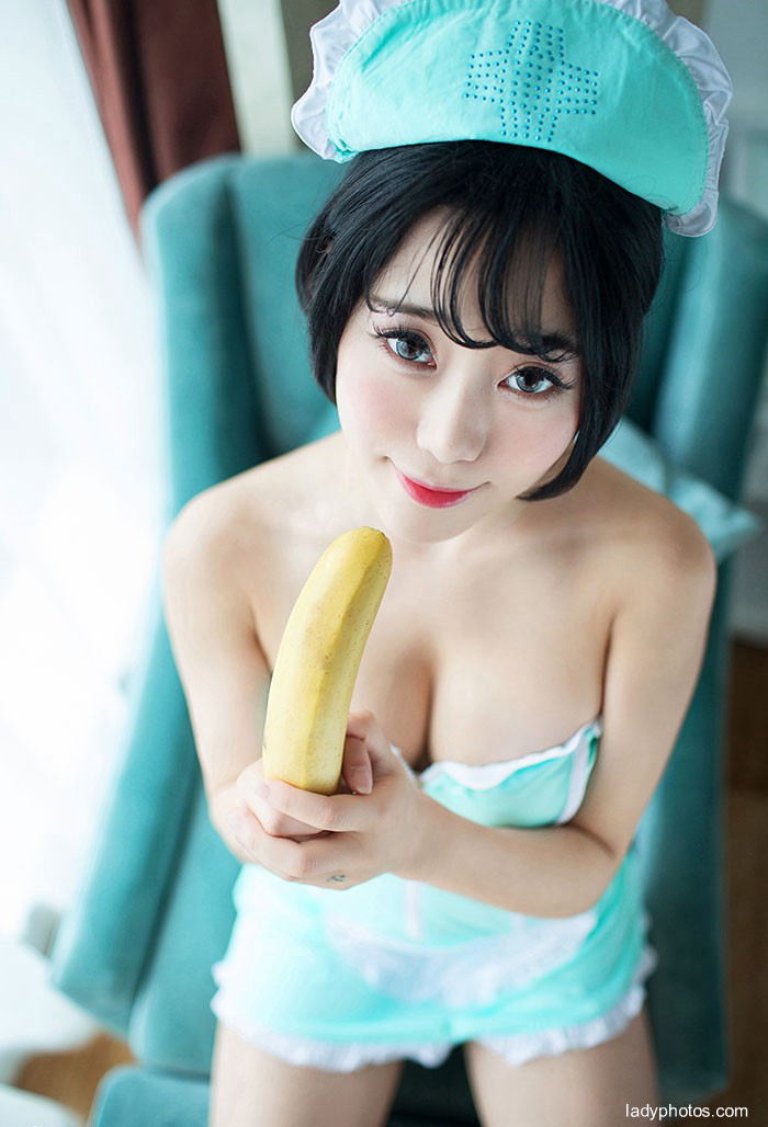Sweet pretty girl with peas turns into sexy little nurse eating banana - 5